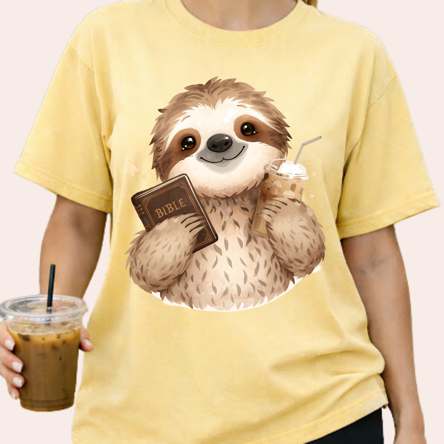Sloth with Bible & Coffee Christian Shirt & Sweatshirt | Funny Faith Apparel